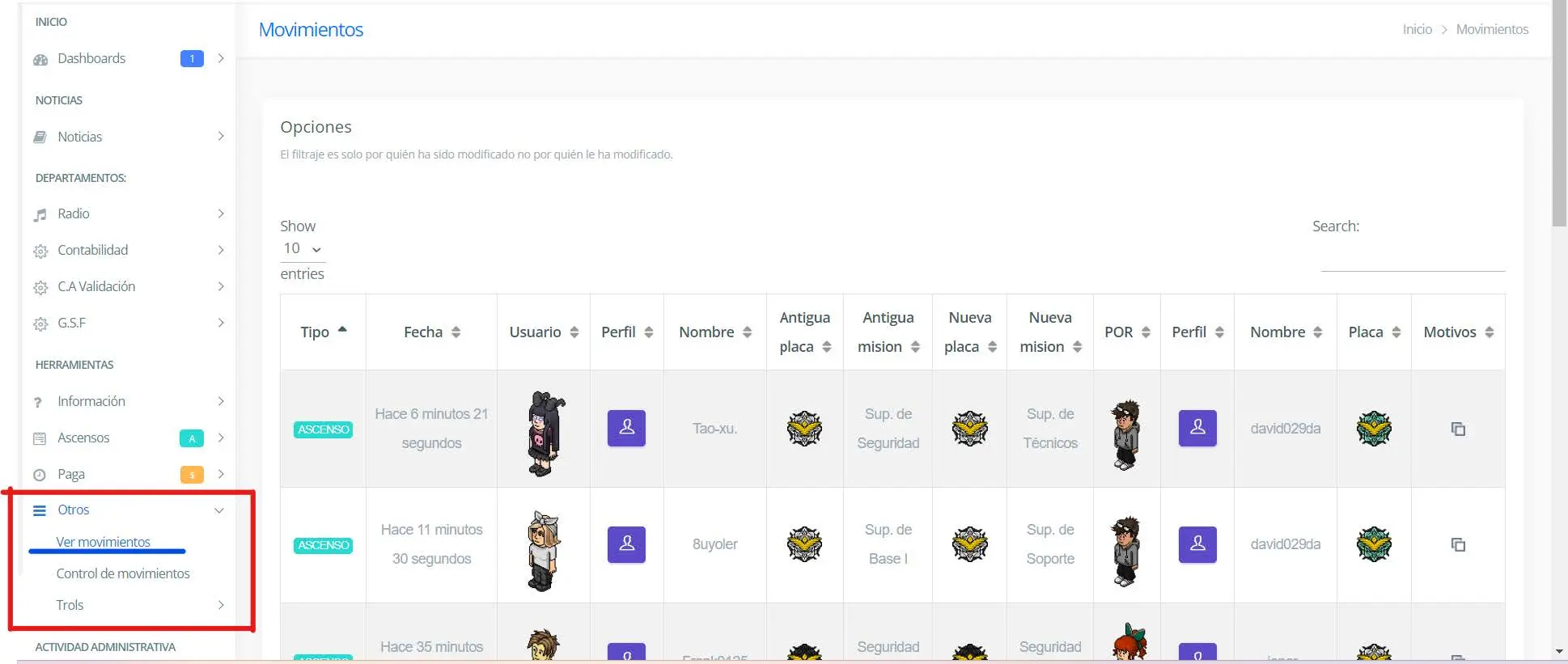 Vista de movimientos