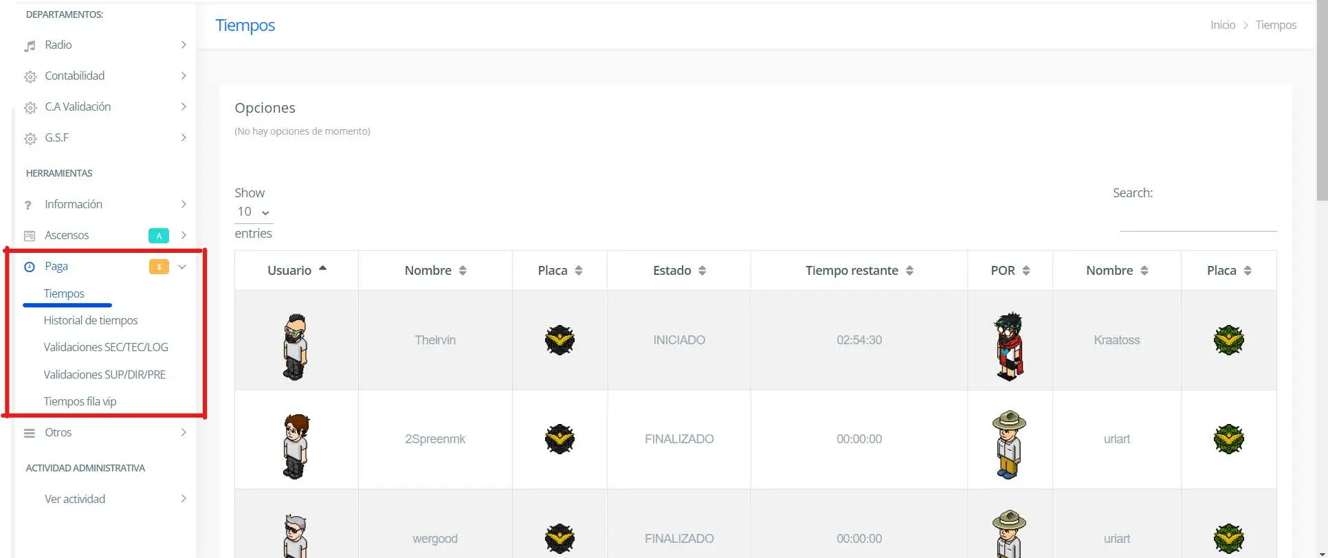 Vista de tiempos de nómina